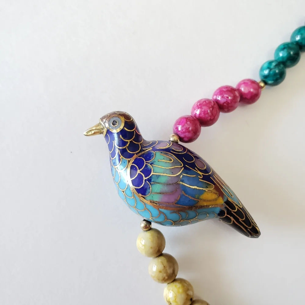 Vintage 1960's Gold Tone clasp, Multi Bead, Cloisonne Bird Necklace, - Picture 8 of 11